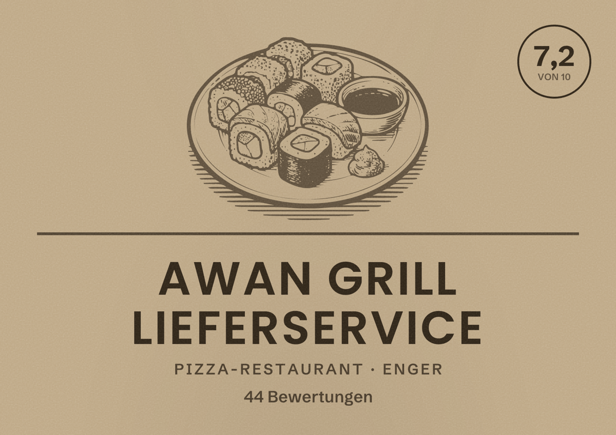 Illustriertes Poster von Awan Grill Lieferservice, Pizza-Restaurant in Enger: Bewertung 7,2 von 10 aus 44 Bewertungen