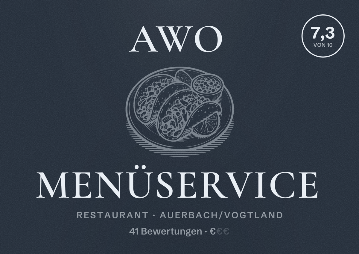 Illustriertes Poster von AWO Menüservice, Restaurant in Auerbach/Vogtland: Bewertung 7,3 von 10 aus 41 Bewertungen, Preisniveau €