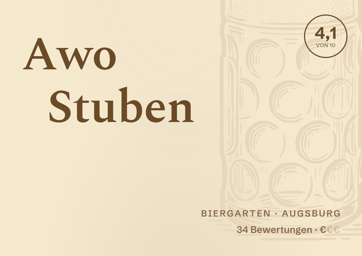 Illustriertes Poster von Awo Stuben, Biergarten in Augsburg: Bewertung 4,1 von 10 aus 34 Bewertungen, Preisniveau €