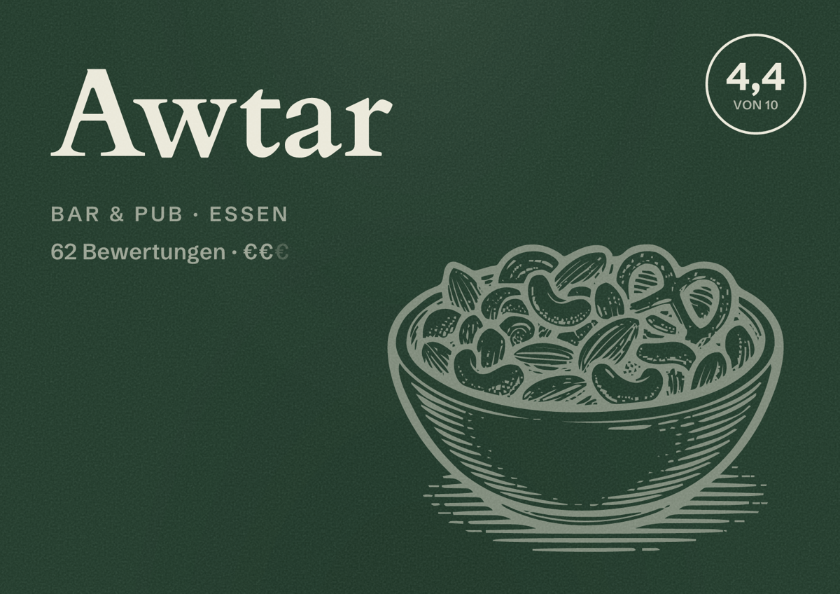 Illustriertes Poster von Awtar, Bar & Pub in Essen: Bewertung 4,4 von 10 aus 62 Bewertungen, Preisniveau €€