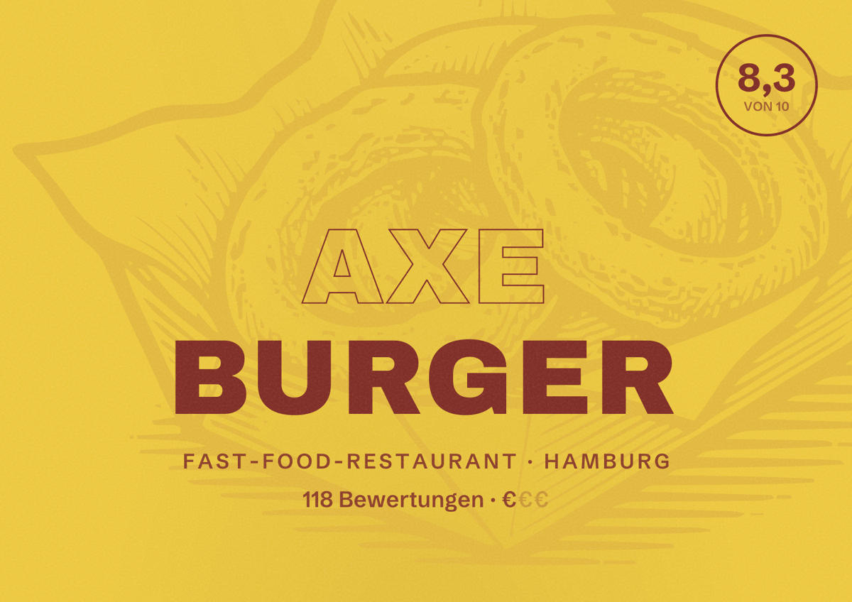 Illustriertes Poster von Axe Burger, Fast-Food-Restaurant in Hamburg: Bewertung 8,3 von 10 aus 118 Bewertungen, Preisniveau €