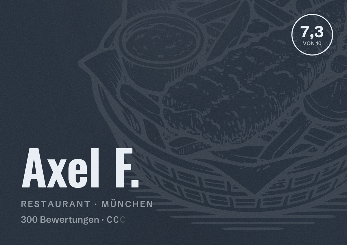 Illustriertes Poster von Axel F., Restaurant in München: Bewertung 7,3 von 10 aus 300 Bewertungen, Preisniveau €€