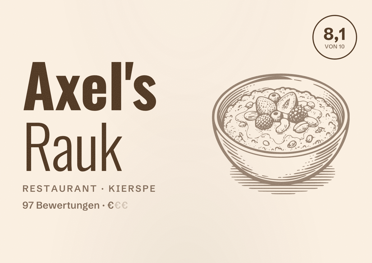 Illustriertes Poster von Axel's Rauk, Restaurant in Kierspe: Bewertung 8,1 von 10 aus 97 Bewertungen, Preisniveau €