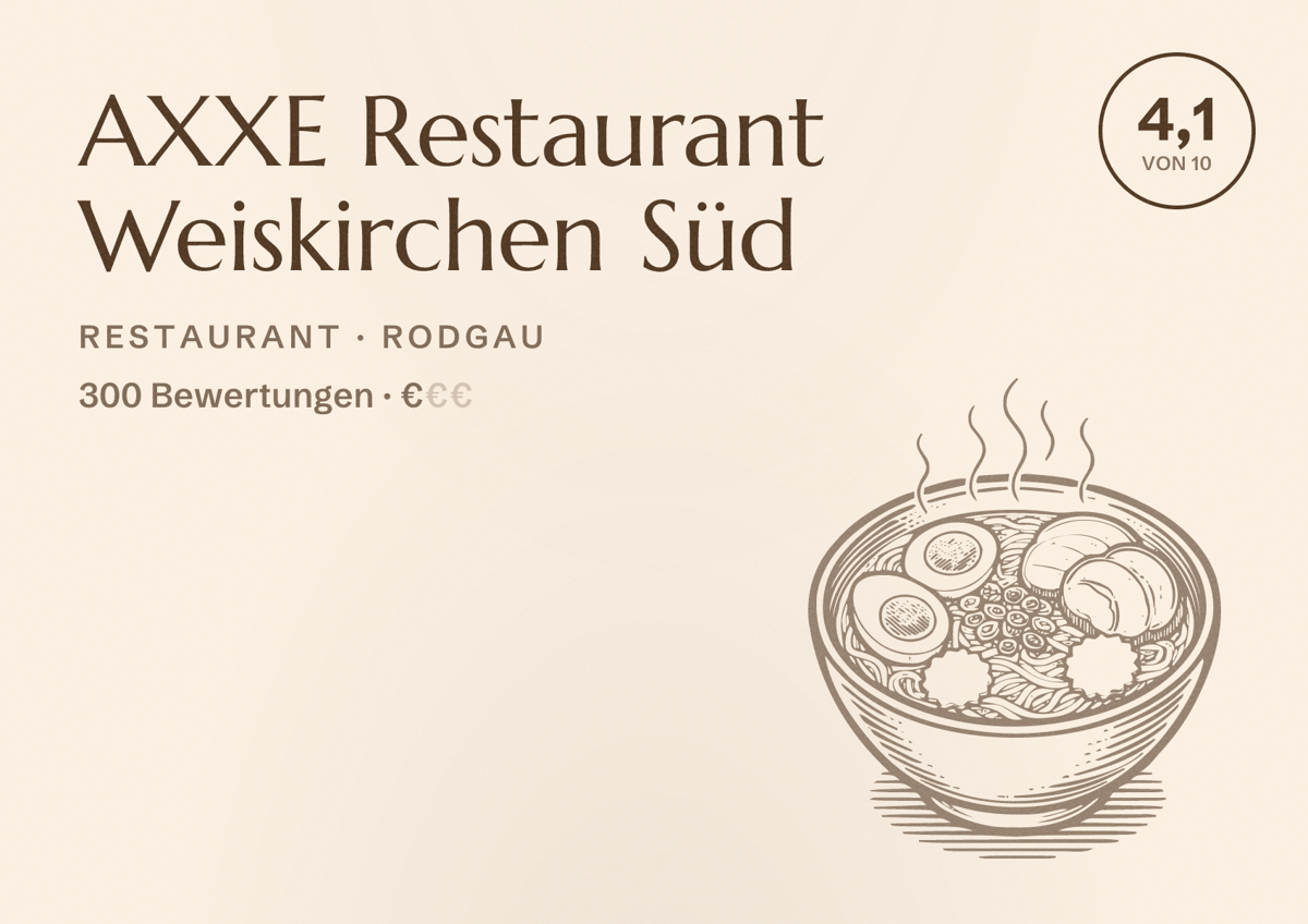 Illustriertes Poster von AXXE Restaurant Weiskirchen Süd, Restaurant in Rodgau: Bewertung 4,1 von 10 aus 300 Bewertungen, Preisniveau €