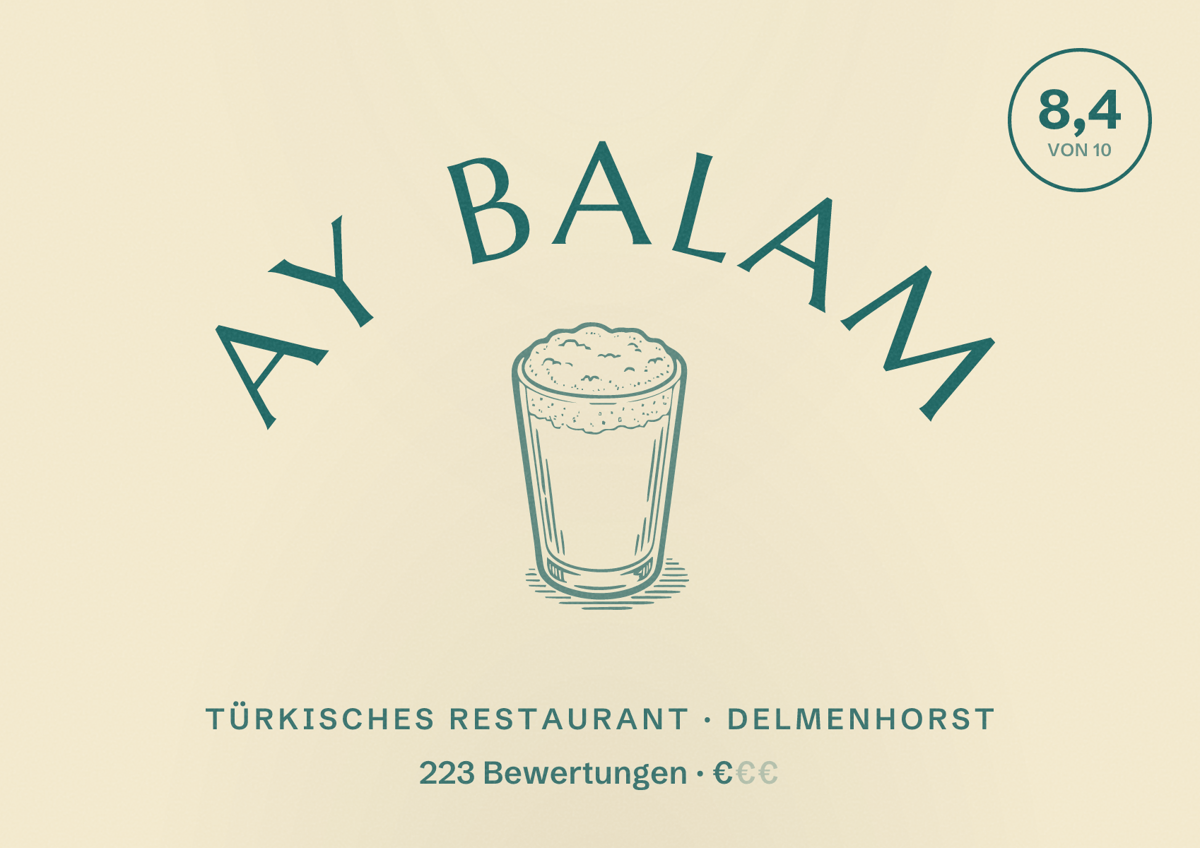 Illustriertes Poster von Ay Balam, Türkisches Restaurant in Delmenhorst: Bewertung 8,4 von 10 aus 223 Bewertungen, Preisniveau €