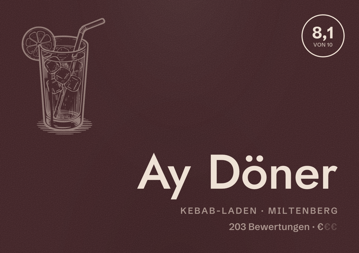 Illustriertes Poster von Ay Döner, Kebab-Laden in Miltenberg: Bewertung 8,1 von 10 aus 203 Bewertungen, Preisniveau €