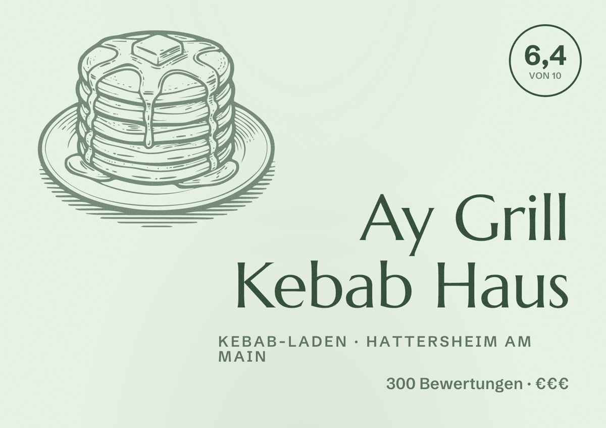 Illustriertes Poster von Ay Grill Kebab Haus, Kebab-Laden in Hattersheim am Main: Bewertung 6,4 von 10 aus 300 Bewertungen, Preisniveau €€€