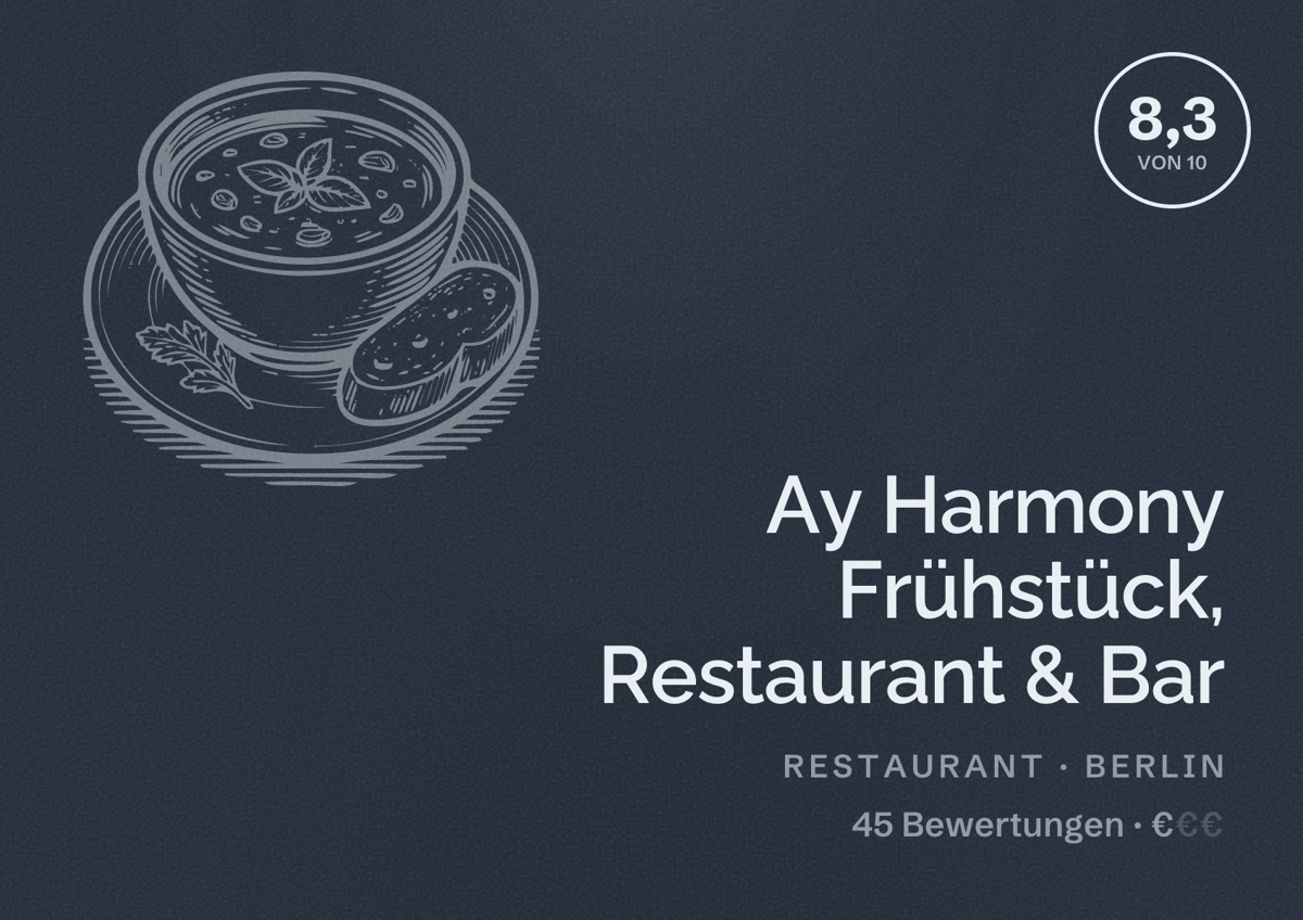 Illustriertes Poster von Ay Harmony Frühstück, Restaurant & Bar, Restaurant in Berlin: Bewertung 8,3 von 10 aus 45 Bewertungen, Preisniveau €