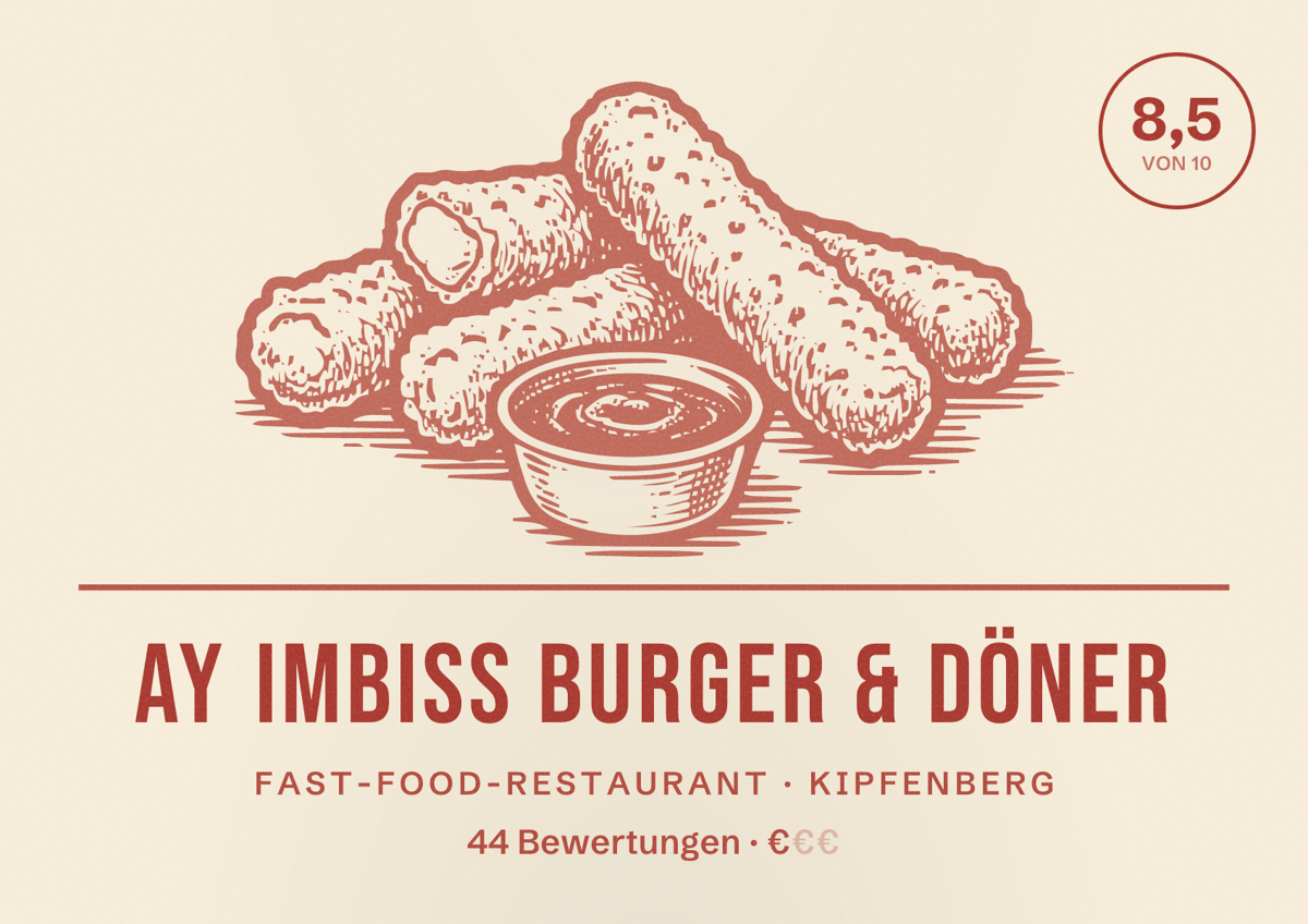 Illustriertes Poster von Ay Imbiss Burger & Döner, Fast-Food-Restaurant in Kipfenberg: Bewertung 8,5 von 10 aus 44 Bewertungen, Preisniveau €