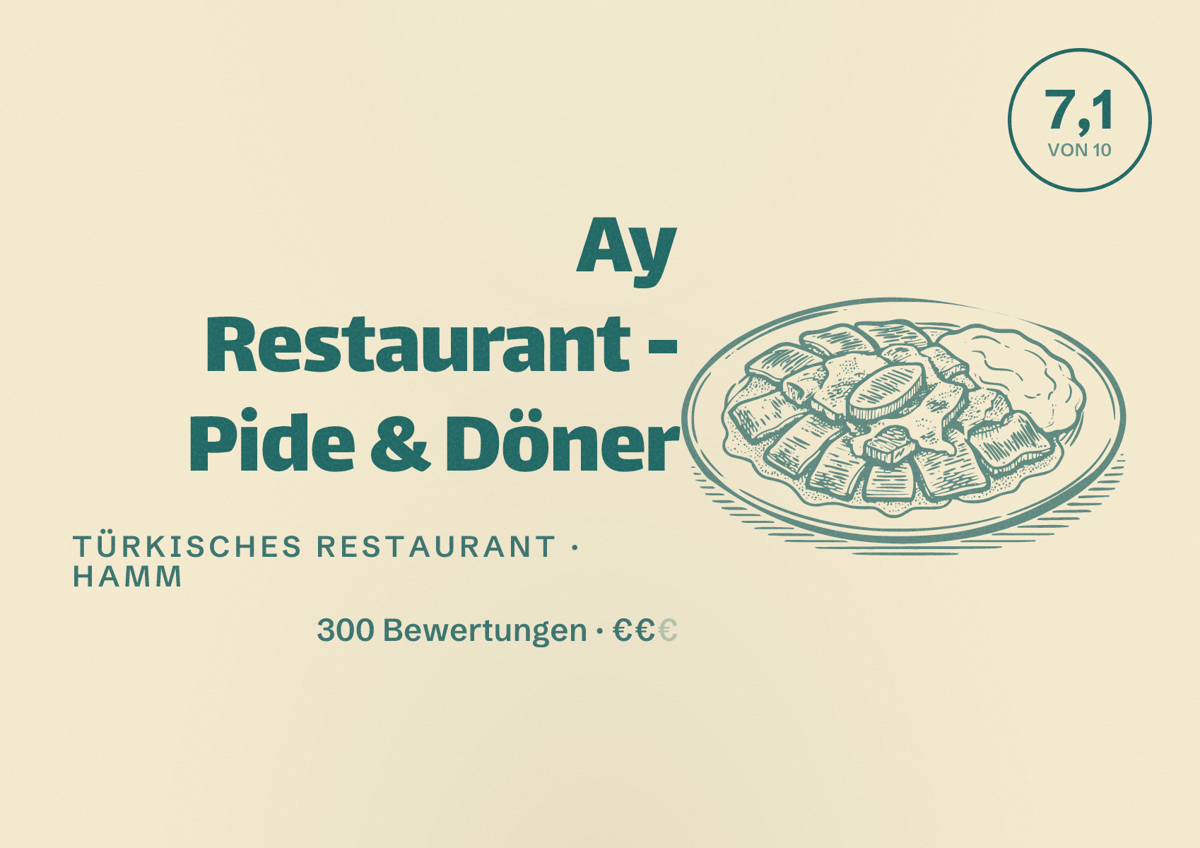 Illustriertes Poster von Ay Restaurant - Pide & Döner, Türkisches Restaurant in Hamm: Bewertung 7,1 von 10 aus 300 Bewertungen, Preisniveau €€