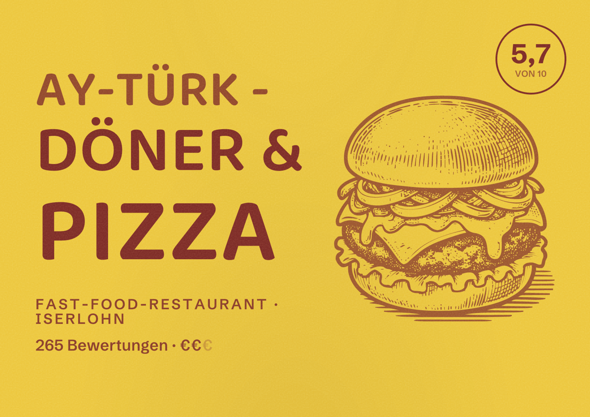 Illustriertes Poster von Ay-Türk - Döner & Pizza, Fast-Food-Restaurant in Iserlohn: Bewertung 5,7 von 10 aus 265 Bewertungen, Preisniveau €€