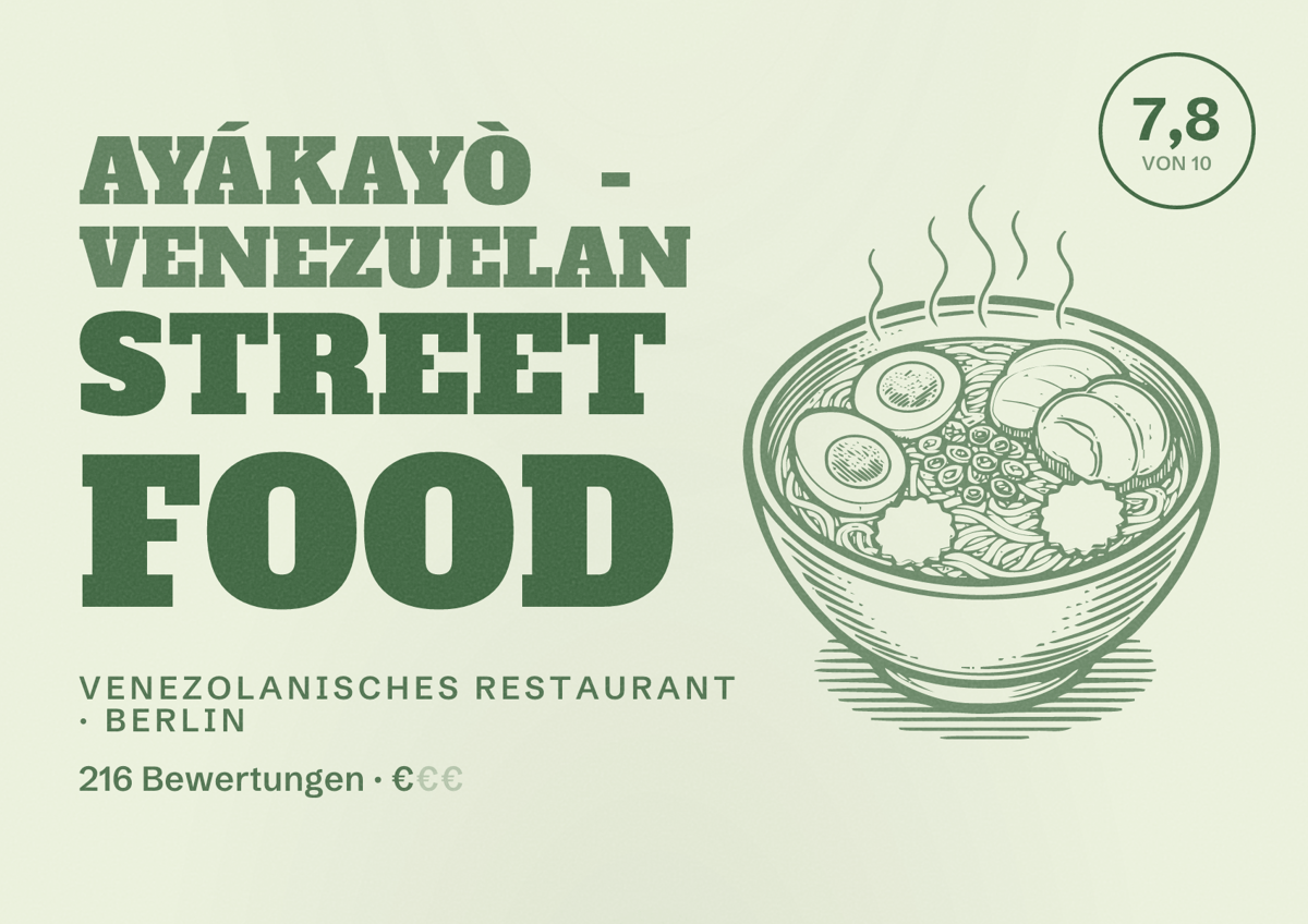 Illustriertes Poster von Ayákayò - Venezuelan Street Food, Venezolanisches Restaurant in Berlin: Bewertung 7,8 von 10 aus 216 Bewertungen, Preisniveau €