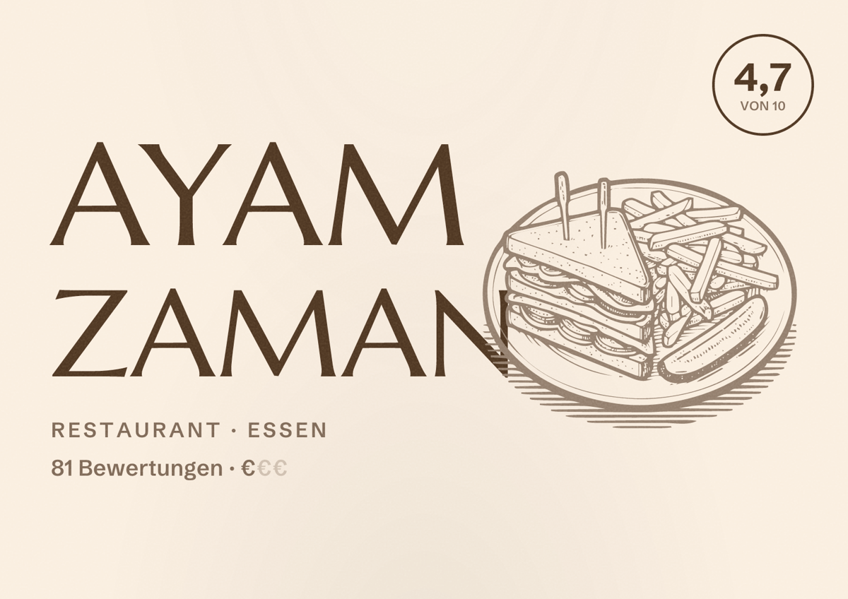 Illustriertes Poster von Ayam Zaman, Restaurant in Essen: Bewertung 4,7 von 10 aus 81 Bewertungen, Preisniveau €