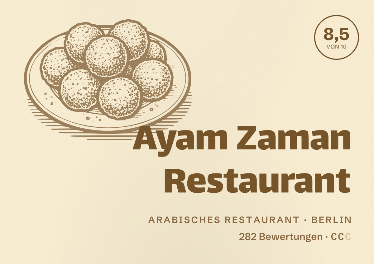 Illustriertes Poster von Ayam Zaman Restaurant, Arabisches Restaurant in Berlin: Bewertung 8,5 von 10 aus 282 Bewertungen, Preisniveau €€