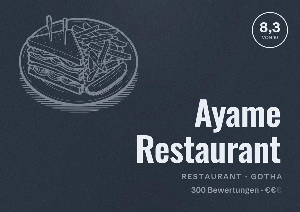 Illustriertes Poster von Ayame Restaurant, Restaurant in Gotha: Bewertung 8,3 von 10 aus 300 Bewertungen, Preisniveau €€