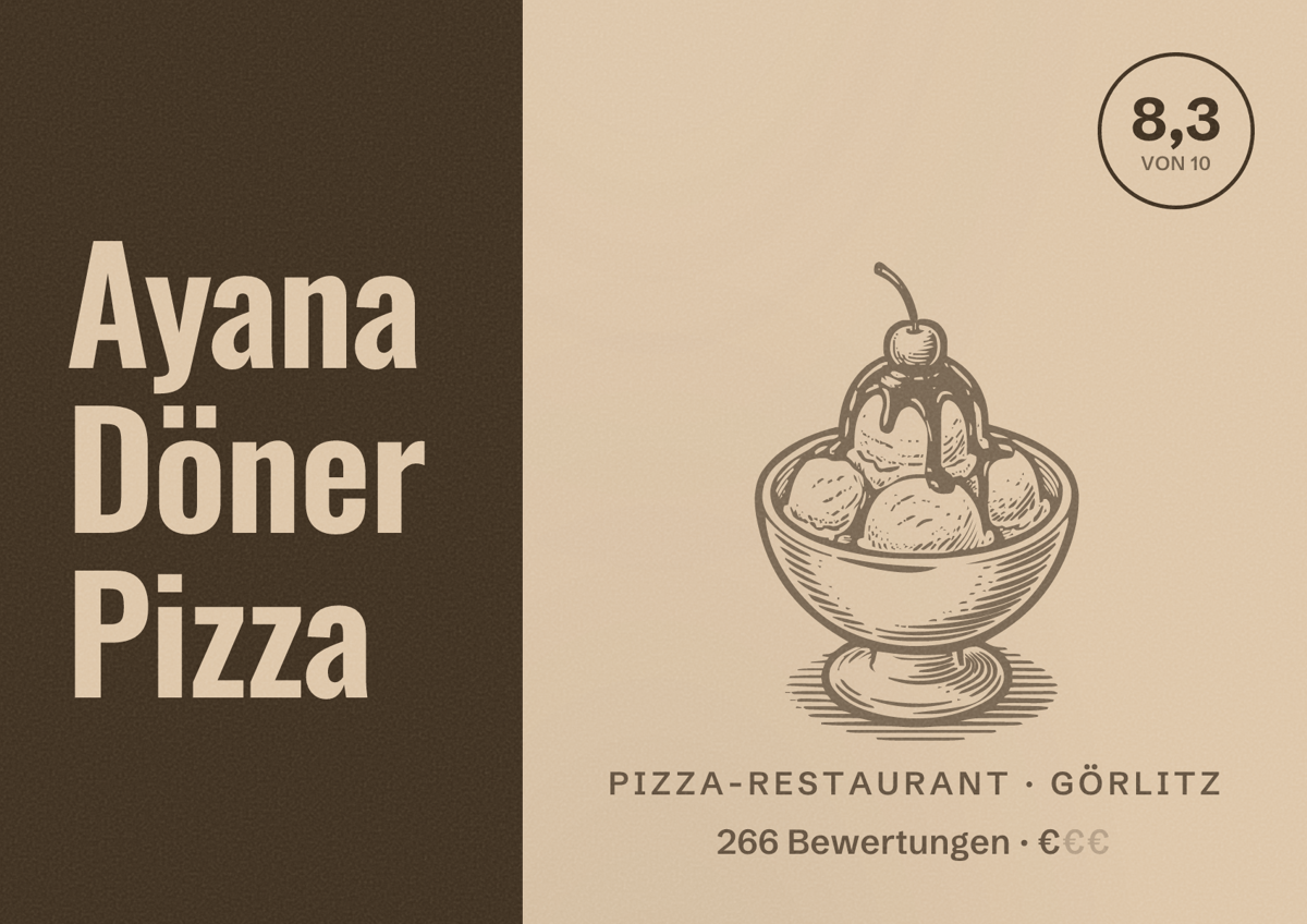 Illustriertes Poster von Ayana Döner Pizza, Pizza-Restaurant in Görlitz: Bewertung 8,3 von 10 aus 266 Bewertungen, Preisniveau €