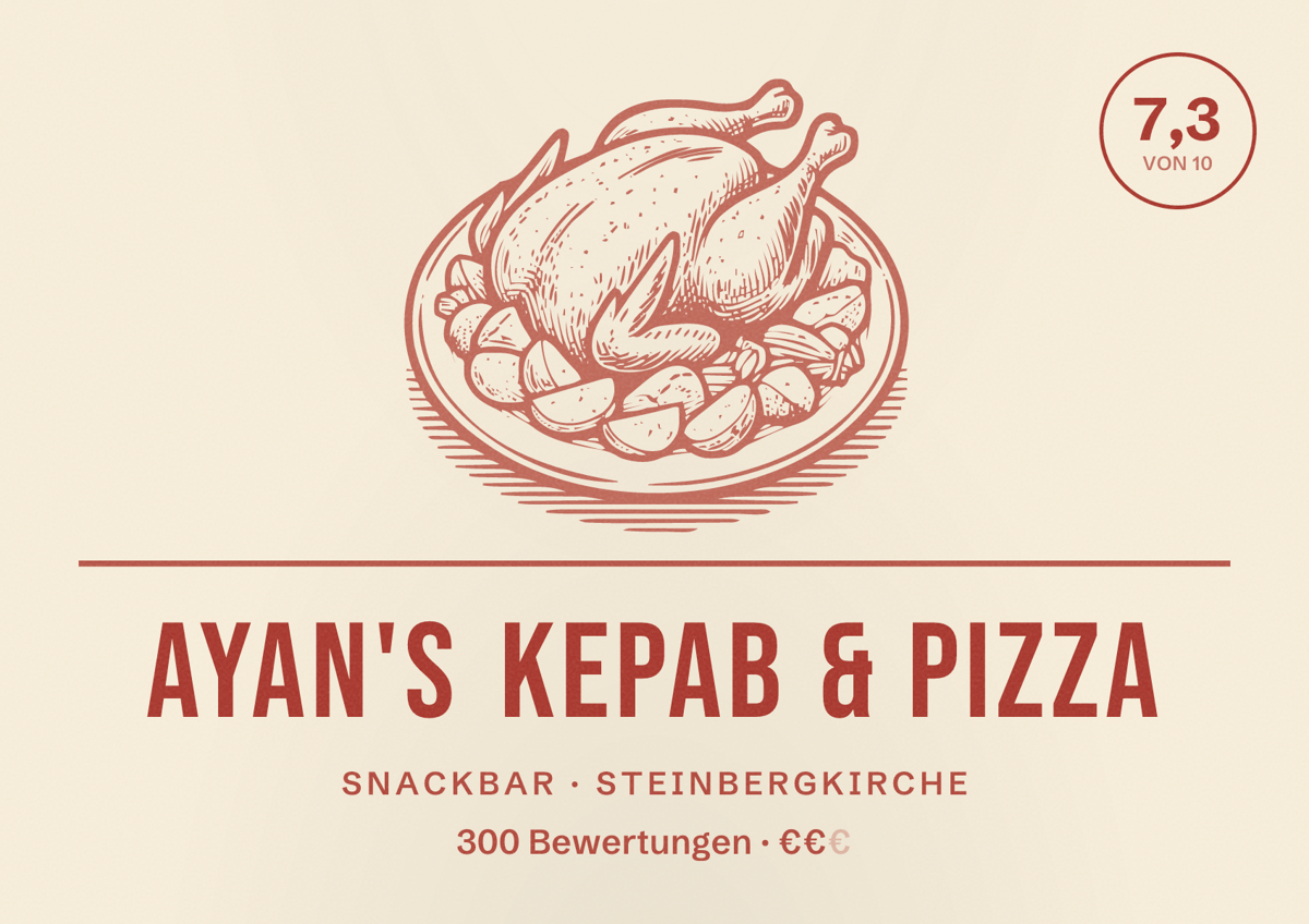 Illustriertes Poster von Ayan's Kepab & Pizza, Snackbar in Steinbergkirche: Bewertung 7,3 von 10 aus 300 Bewertungen, Preisniveau €€