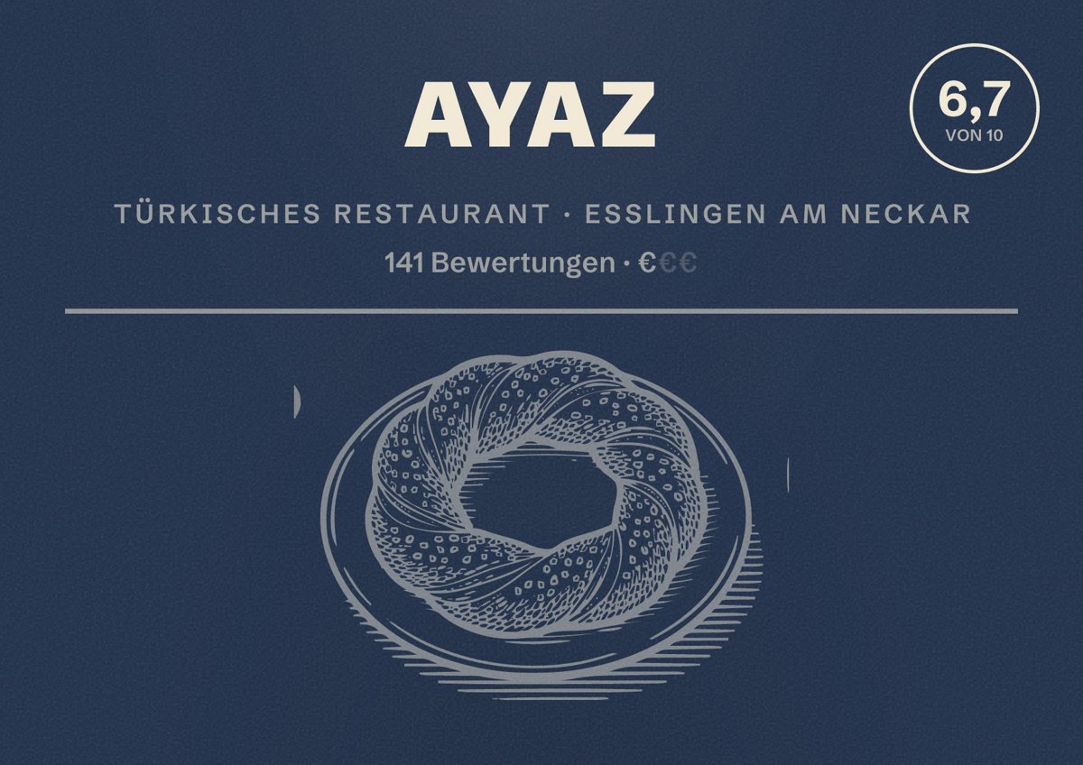 Illustriertes Poster von Ayaz, Türkisches Restaurant in Esslingen am Neckar: Bewertung 6,7 von 10 aus 141 Bewertungen, Preisniveau €