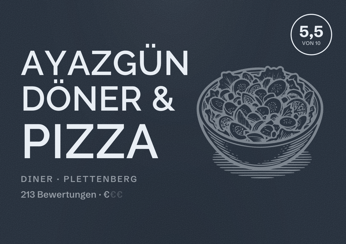 Illustriertes Poster von Ayazgün Döner & Pizza, Diner in Plettenberg: Bewertung 5,5 von 10 aus 213 Bewertungen, Preisniveau €