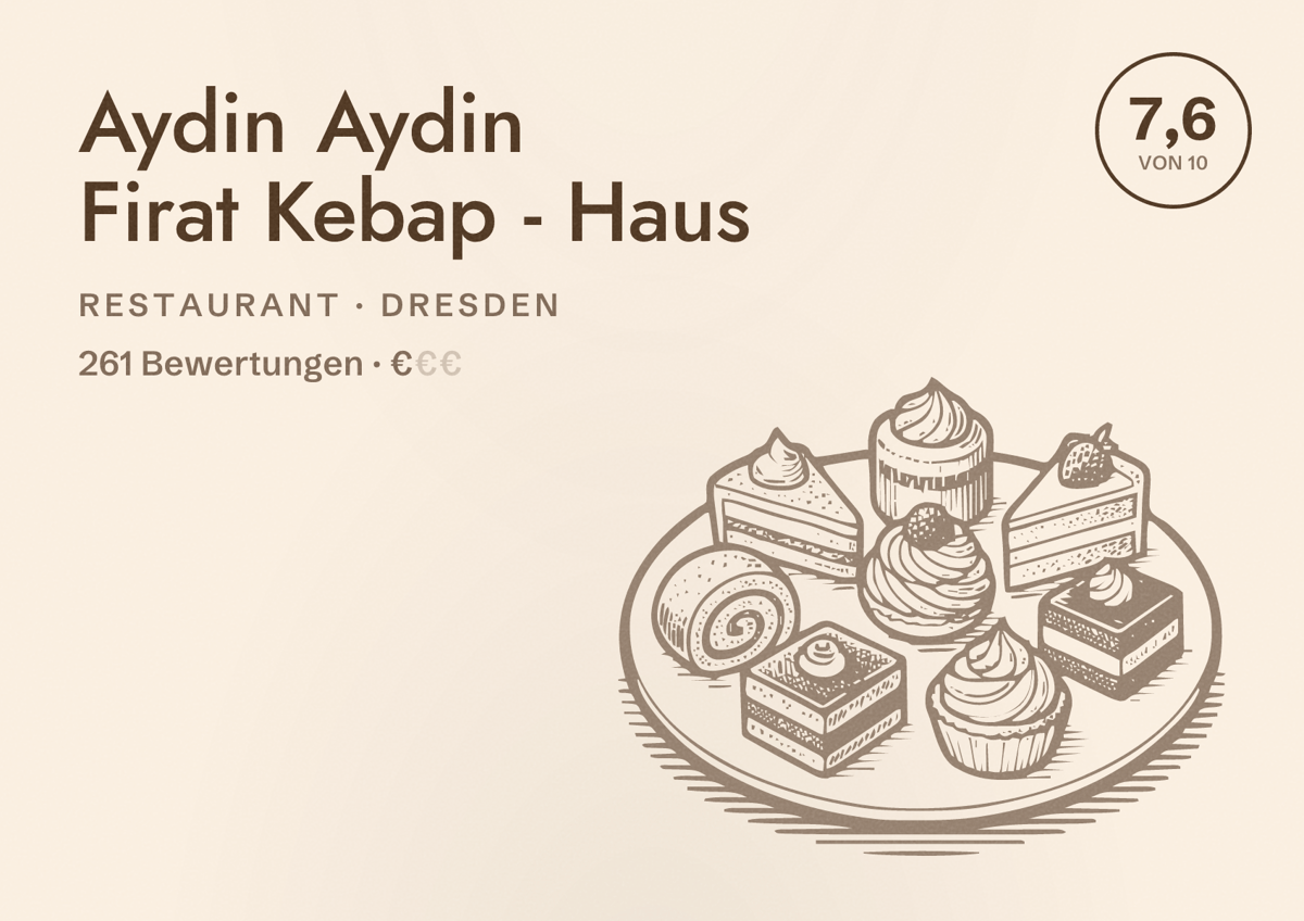 Illustriertes Poster von Aydin Aydin Firat Kebap - Haus, Restaurant in Dresden: Bewertung 7,6 von 10 aus 261 Bewertungen, Preisniveau €