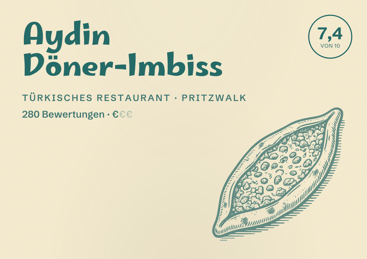 Illustriertes Poster von Aydin Döner-Imbiss, Türkisches Restaurant in Pritzwalk: Bewertung 7,4 von 10 aus 280 Bewertungen, Preisniveau €