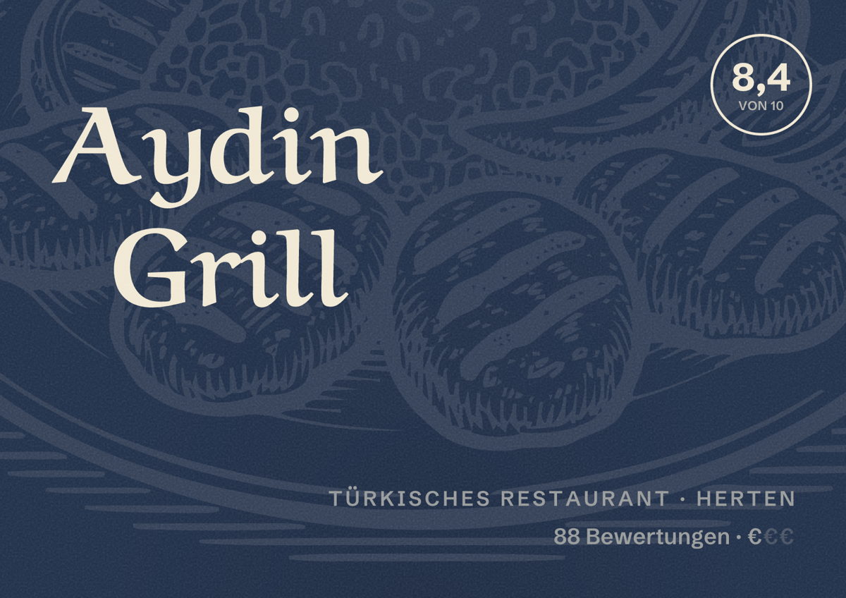Illustriertes Poster von Aydin Grill, Türkisches Restaurant in Herten: Bewertung 8,4 von 10 aus 88 Bewertungen, Preisniveau €