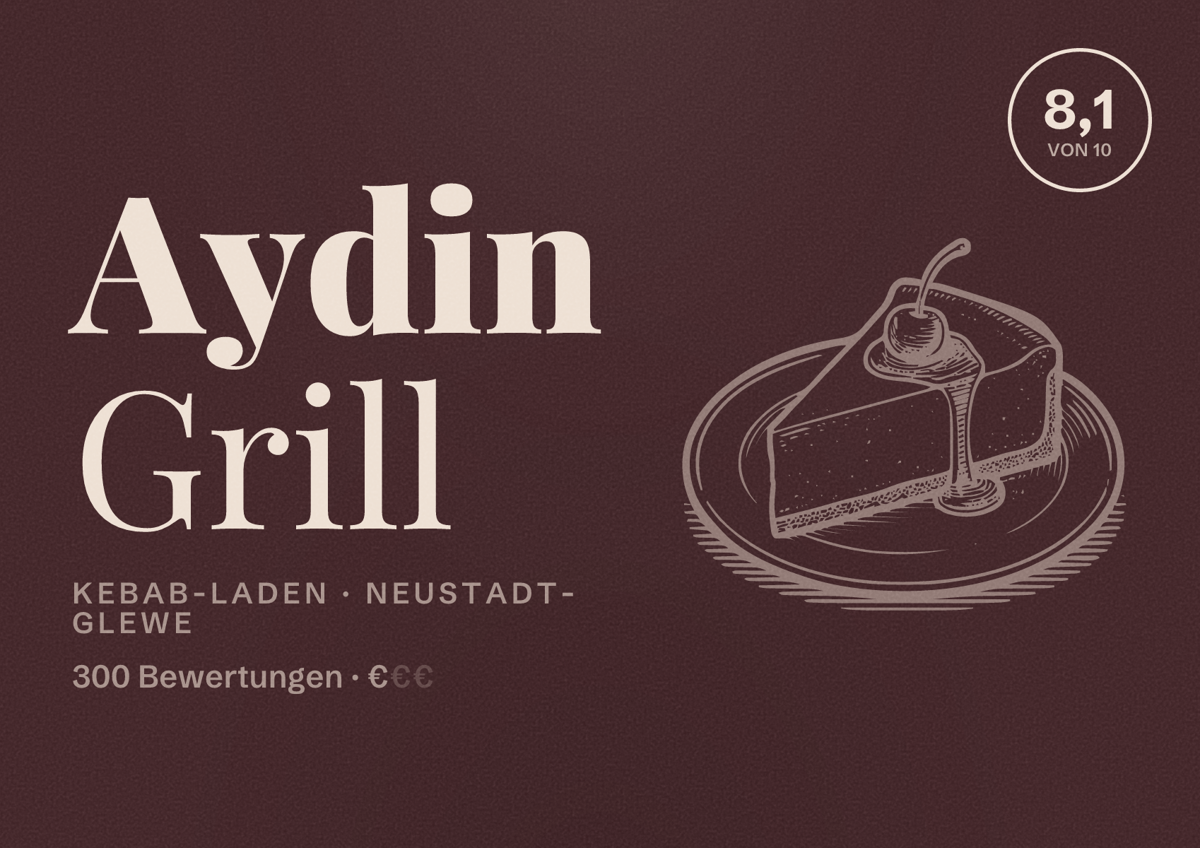 Illustriertes Poster von Aydin Grill, Kebab-Laden in Neustadt-Glewe: Bewertung 8,1 von 10 aus 300 Bewertungen, Preisniveau €