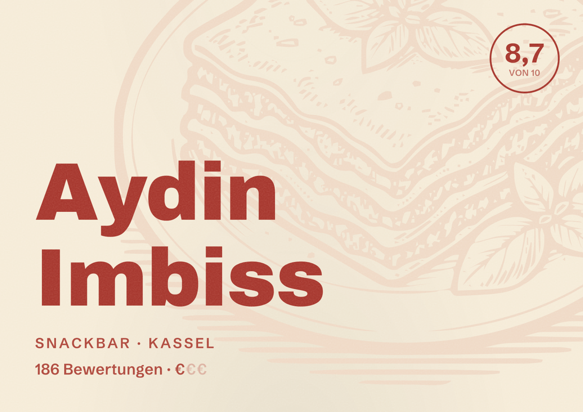 Illustriertes Poster von Aydin Imbiss, Snackbar in Kassel: Bewertung 8,7 von 10 aus 186 Bewertungen, Preisniveau €