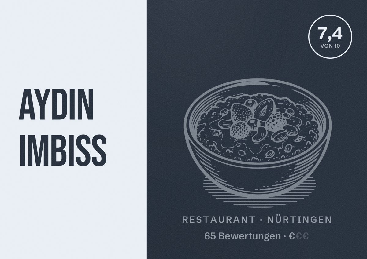 Illustriertes Poster von Aydin Imbiss, Restaurant in Nürtingen: Bewertung 7,4 von 10 aus 65 Bewertungen, Preisniveau €