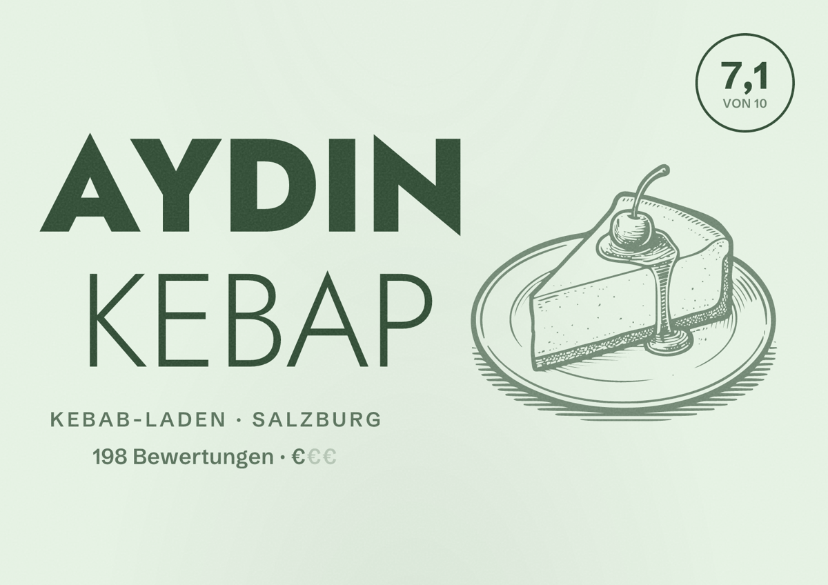 Illustriertes Poster von AYDIN KEBAP, Kebab-Laden in Salzburg: Bewertung 7,1 von 10 aus 198 Bewertungen, Preisniveau €