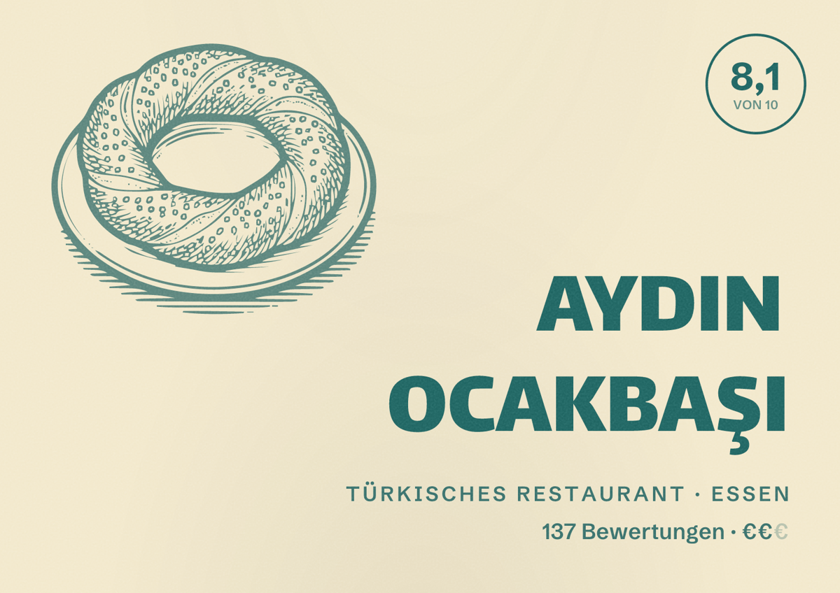 Illustriertes Poster von AYDIN OCAKBAŞI, Türkisches Restaurant in Essen: Bewertung 8,1 von 10 aus 137 Bewertungen, Preisniveau €€
