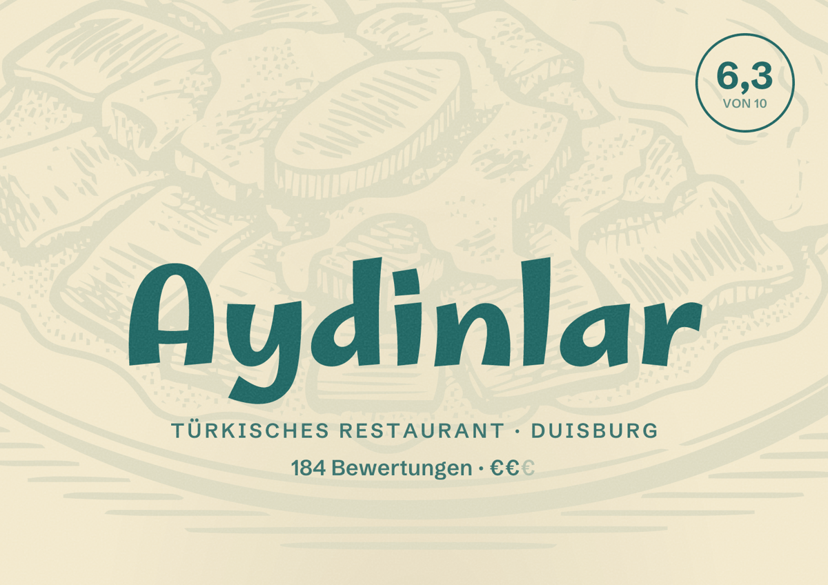 Illustriertes Poster von Aydinlar, Türkisches Restaurant in Duisburg: Bewertung 6,3 von 10 aus 184 Bewertungen, Preisniveau €€