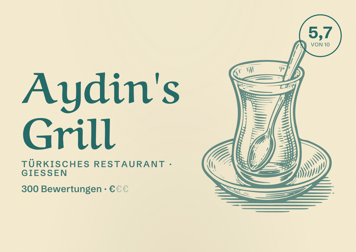 Illustriertes Poster von Aydin's Grill, Türkisches Restaurant in Gießen: Bewertung 5,7 von 10 aus 300 Bewertungen, Preisniveau €