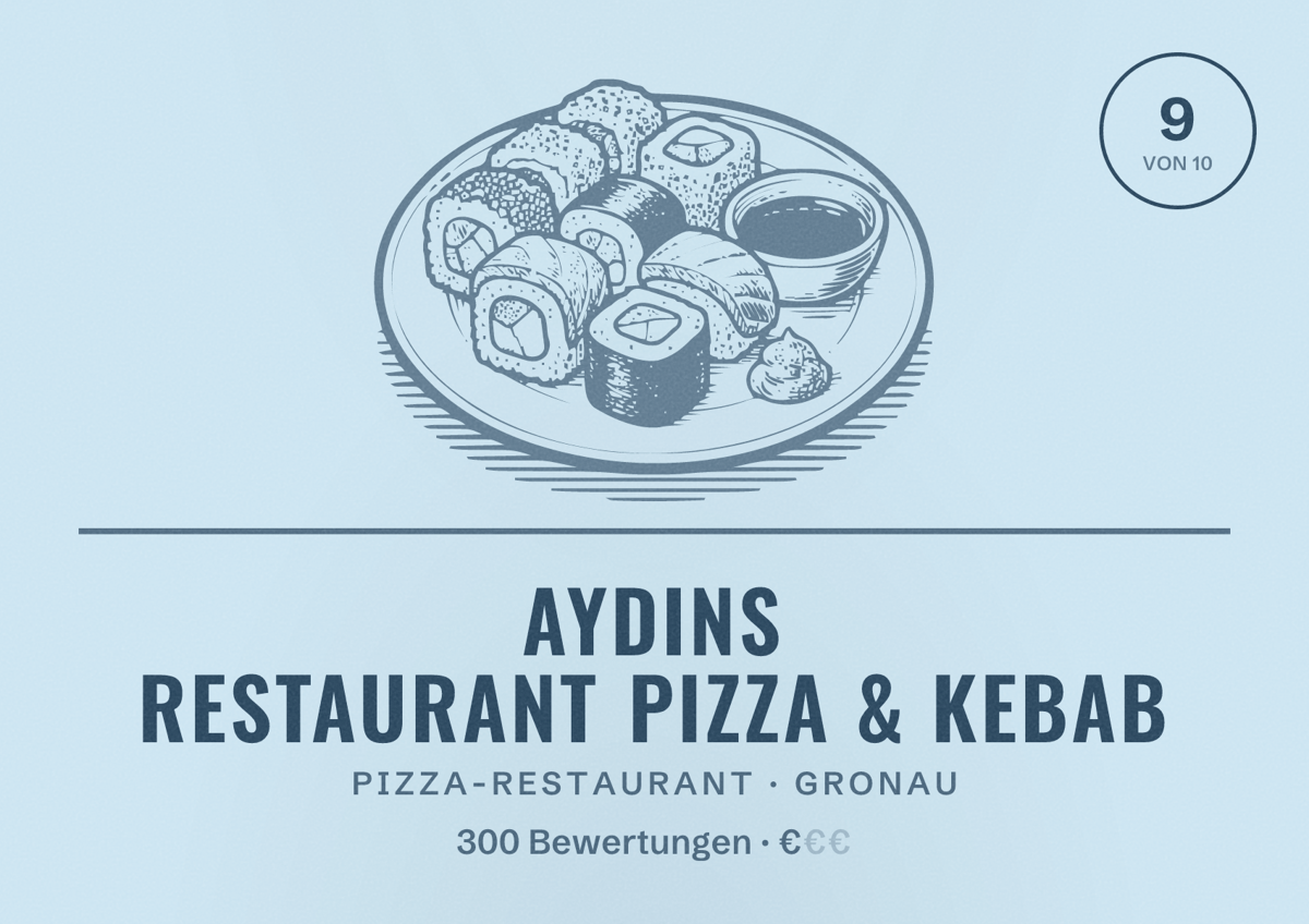 Illustriertes Poster von Aydins Restaurant Pizza & Kebab, Pizza-Restaurant in Gronau: Bewertung 9 von 10 aus 300 Bewertungen, Preisniveau €