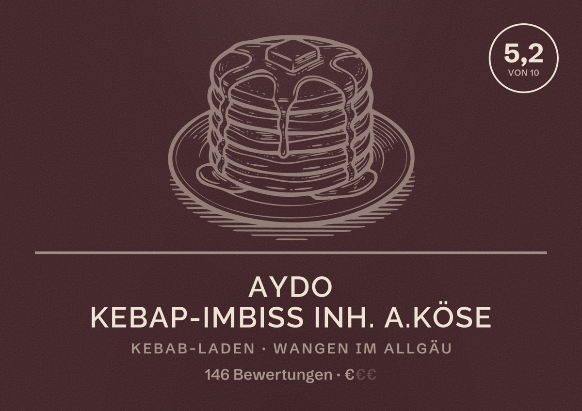 Illustriertes Poster von Aydo Kebap-Imbiss Inh. A.Köse, Kebab-Laden in Wangen im Allgäu: Bewertung 5,2 von 10 aus 146 Bewertungen, Preisniveau €