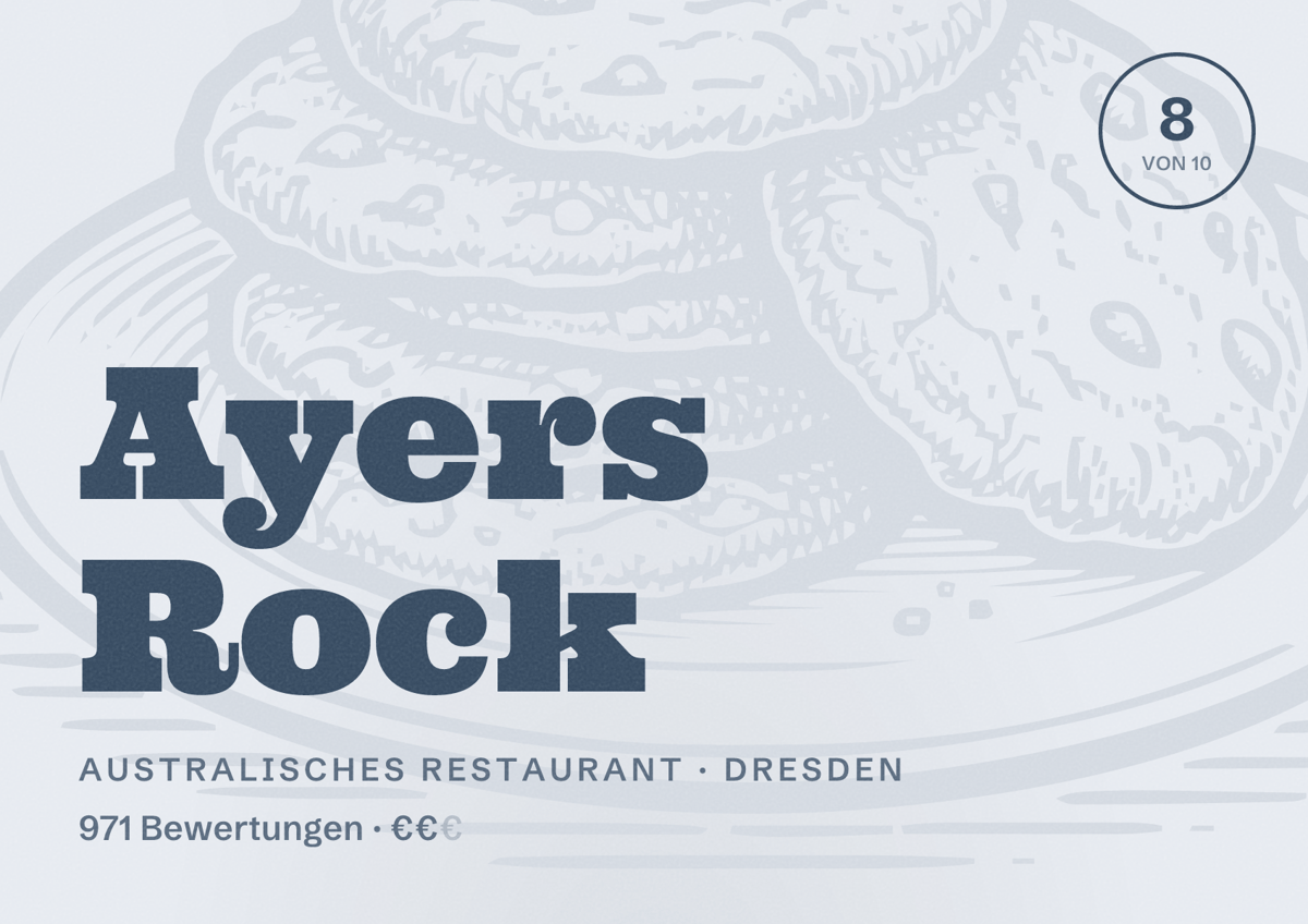 Illustriertes Poster von Ayers Rock, Australisches Restaurant in Dresden: Bewertung 8,0 von 10 aus 971 Bewertungen, Preisniveau €€