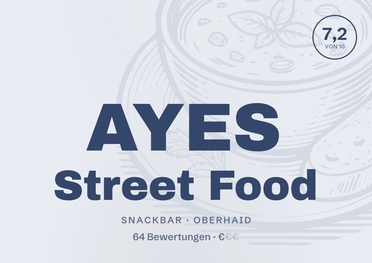 Illustriertes Poster von AYES Street Food, Snackbar in Oberhaid: Bewertung 7,2 von 10 aus 64 Bewertungen, Preisniveau €