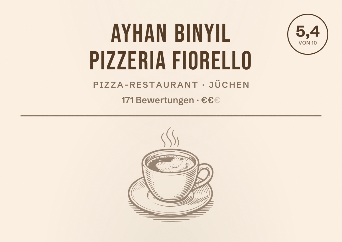 Illustriertes Poster von Ayhan Binyil Pizzeria Fiorello, Pizza-Restaurant in Jüchen: Bewertung 5,4 von 10 aus 171 Bewertungen, Preisniveau €€