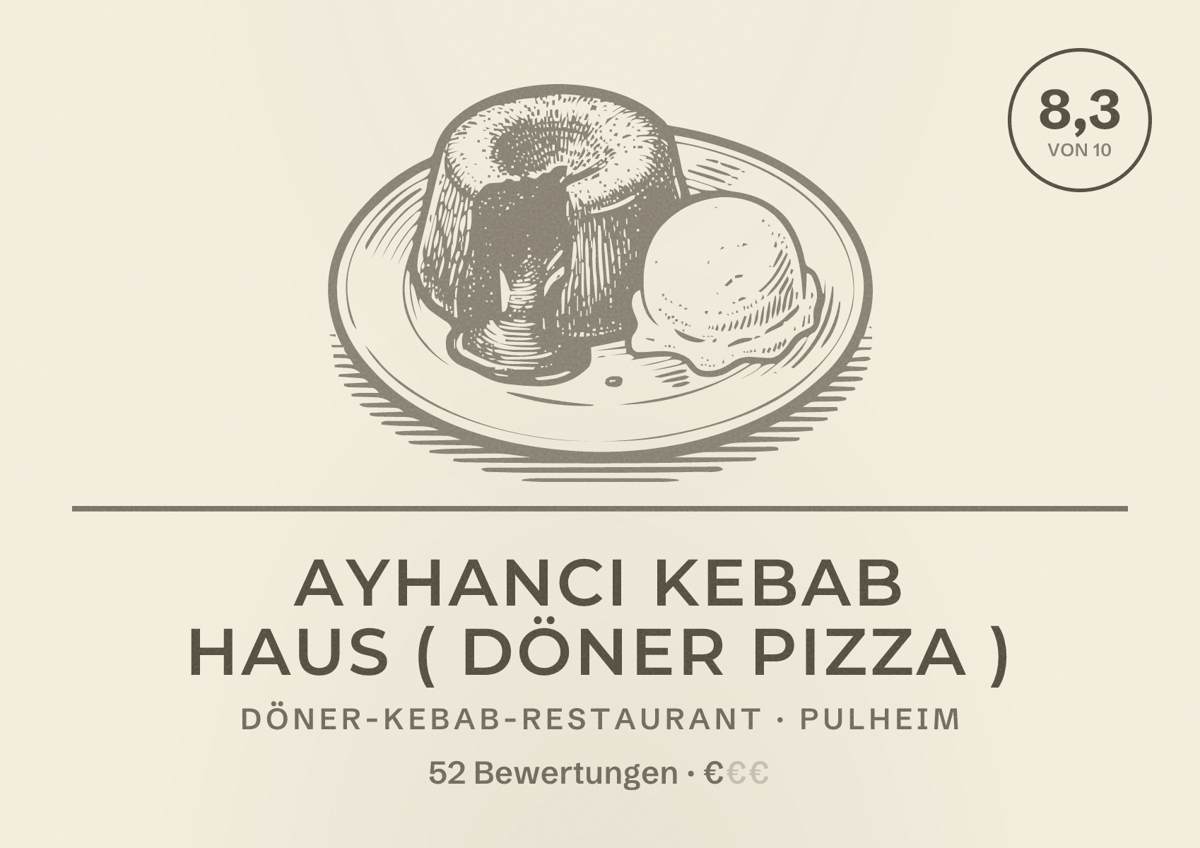 Illustriertes Poster von Ayhanci Kebab Haus ( Döner Pizza ), Döner-Kebab-Restaurant in Pulheim: Bewertung 8,3 von 10 aus 52 Bewertungen, Preisniveau €