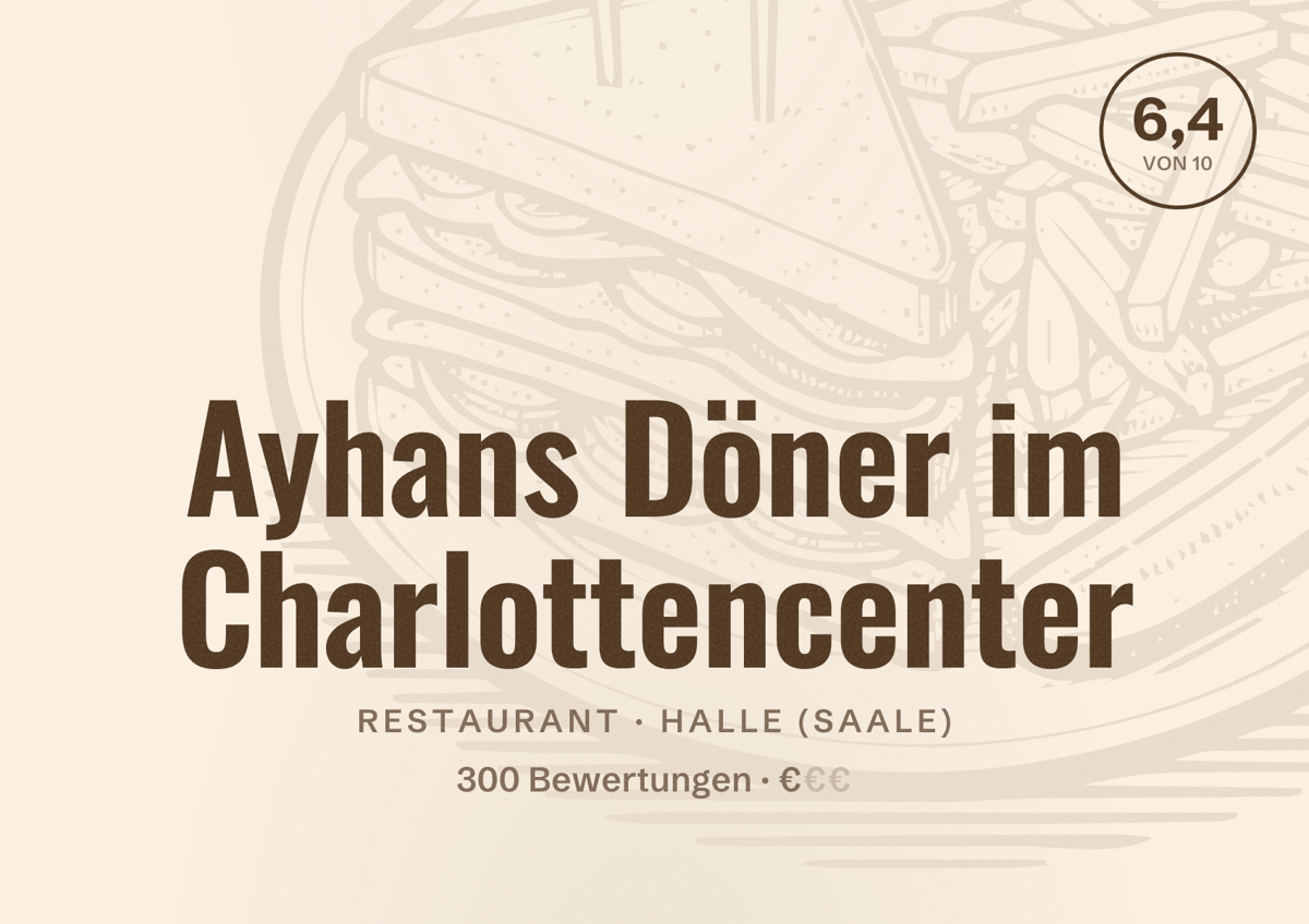 Illustriertes Poster von Ayhans Döner im Charlottencenter, Restaurant in Halle (Saale): Bewertung 6,4 von 10 aus 300 Bewertungen, Preisniveau €