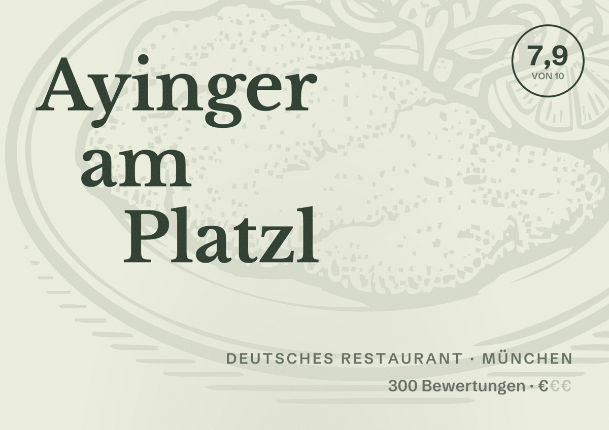 Illustriertes Poster von Ayinger am Platzl, Deutsches Restaurant in München: Bewertung 7,9 von 10 aus 300 Bewertungen, Preisniveau €