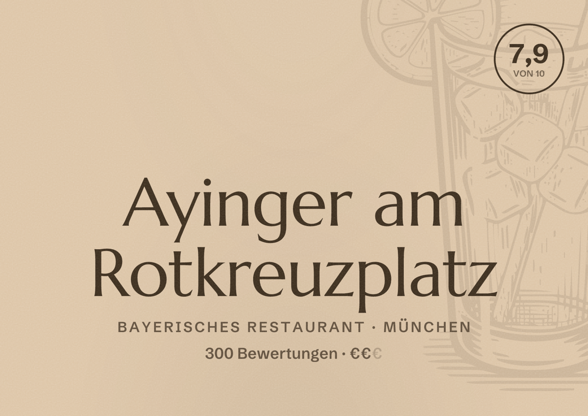 Illustriertes Poster von Ayinger am Rotkreuzplatz, Bayerisches Restaurant in München: Bewertung 7,9 von 10 aus 300 Bewertungen, Preisniveau €€