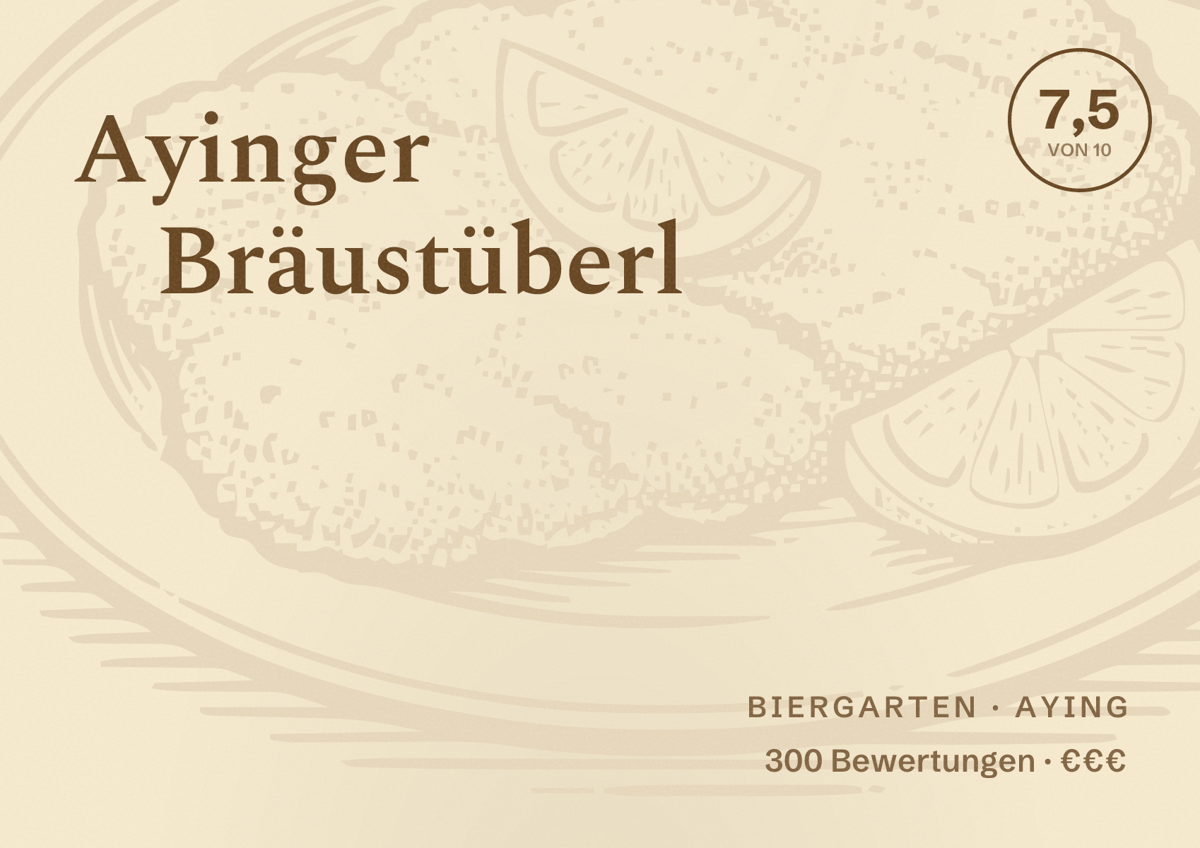 Illustriertes Poster von Ayinger Bräustüberl, Biergarten in Aying: Bewertung 7,5 von 10 aus 300 Bewertungen, Preisniveau €€€