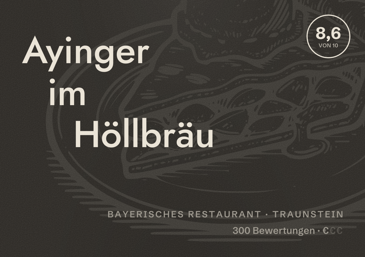 Illustriertes Poster von Ayinger im Höllbräu, Bayerisches Restaurant in Traunstein: Bewertung 8,6 von 10 aus 300 Bewertungen, Preisniveau €