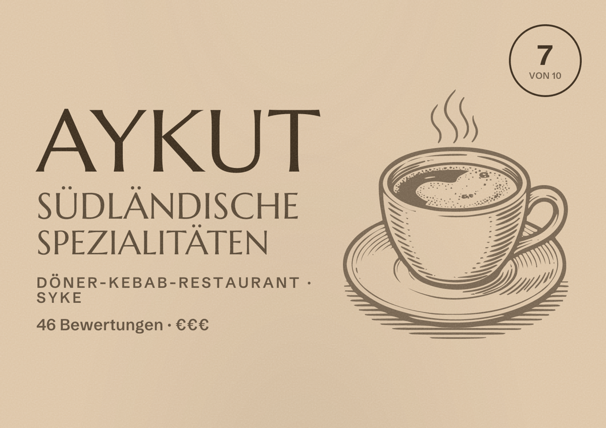 Illustriertes Poster von Aykut Südländische Spezialitäten, Döner-Kebab-Restaurant in Syke: Bewertung 7 von 10 aus 46 Bewertungen, Preisniveau €€€
