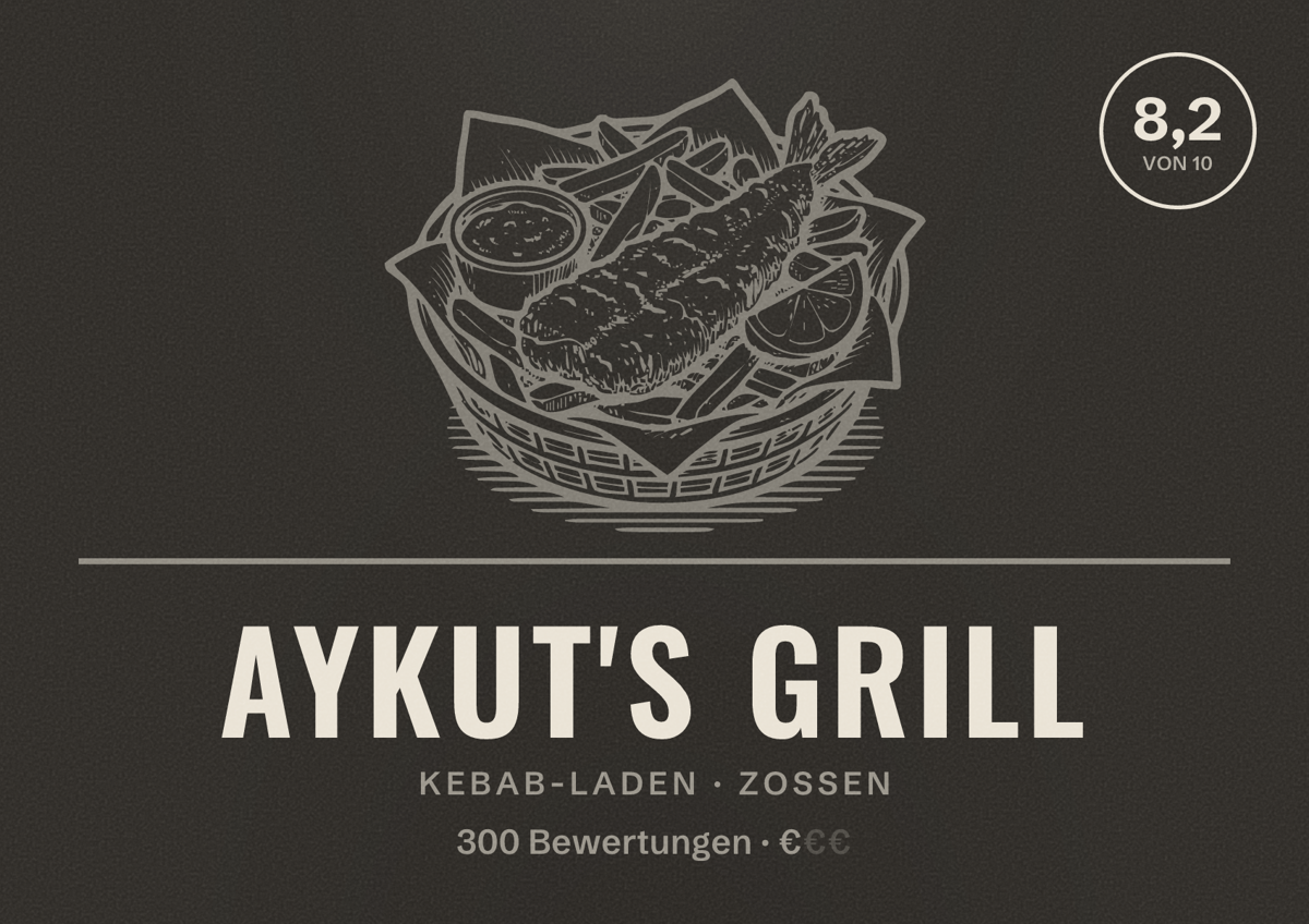 Illustriertes Poster von Aykut's Grill, Kebab-Laden in Zossen: Bewertung 8,2 von 10 aus 300 Bewertungen, Preisniveau €