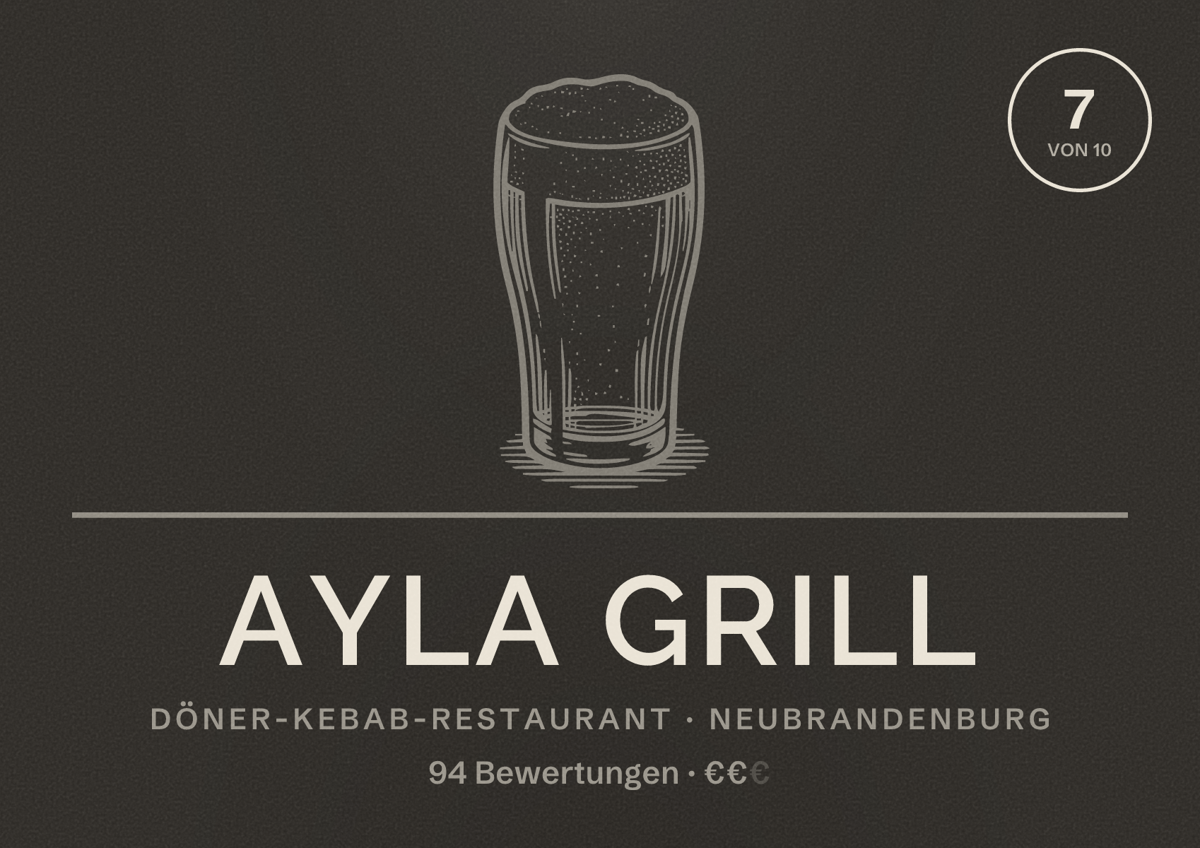 Illustriertes Poster von AYLA GRILL, Döner-Kebab-Restaurant in Neubrandenburg: Bewertung 7 von 10 aus 94 Bewertungen, Preisniveau €€