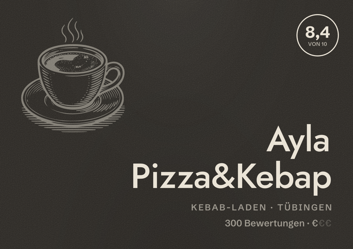 Illustriertes Poster von Ayla Pizza&Kebap, Kebab-Laden in Tübingen: Bewertung 8,4 von 10 aus 300 Bewertungen, Preisniveau €