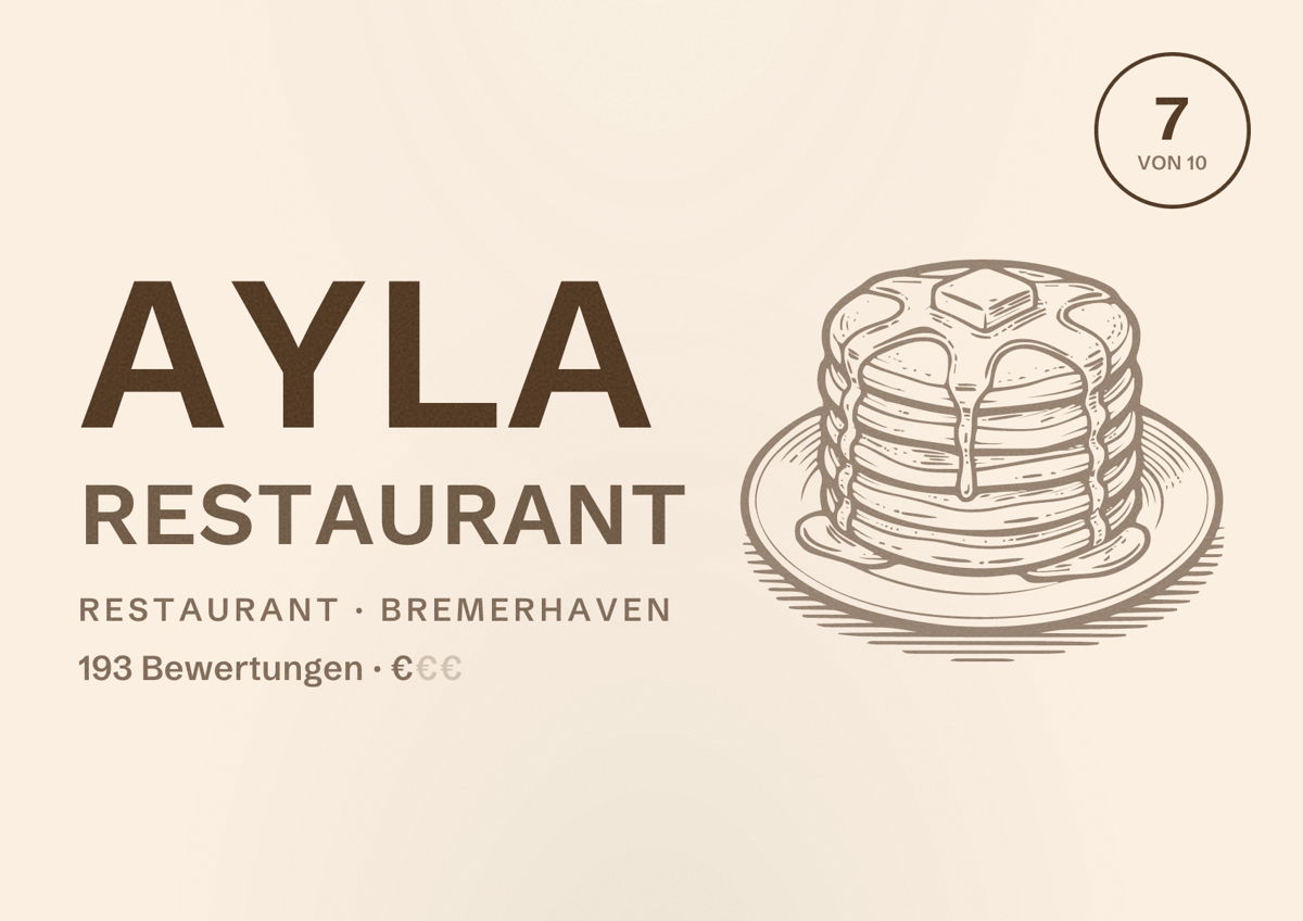 Illustriertes Poster von Ayla Restaurant, Restaurant in Bremerhaven: Bewertung 7 von 10 aus 193 Bewertungen, Preisniveau €
