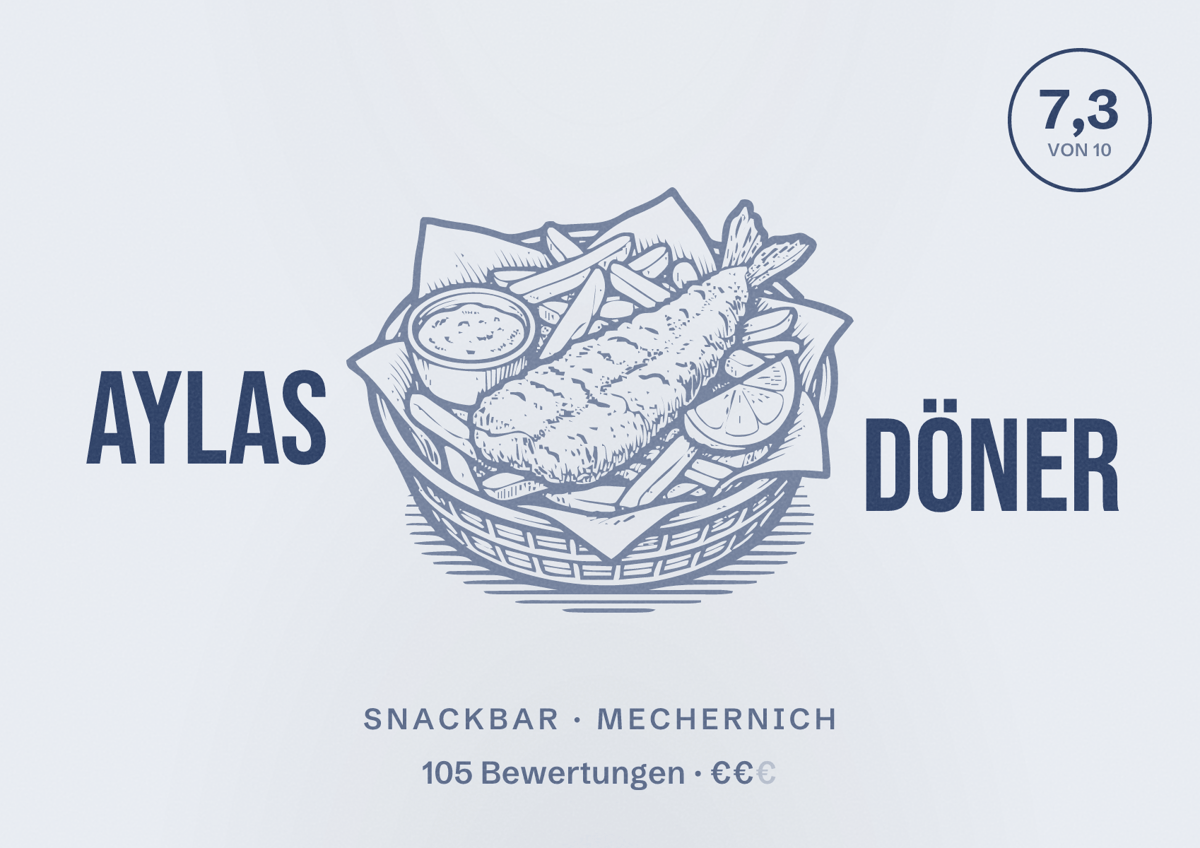 Illustriertes Poster von Aylas Döner, Snackbar in Mechernich: Bewertung 7,3 von 10 aus 105 Bewertungen, Preisniveau €€
